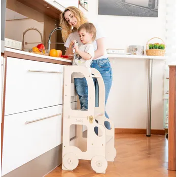 učicí věž Family-scl Montessori učící věž s motivem auta 3v1-Přírodní ošetřená včelím voskem