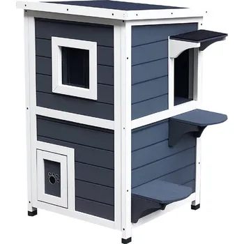 Pelíšek pro kočku Domeček pro kočky PawHut šedý 2patrová vila pro kočky se schody, asfaltová střecha a okna, jedlové dřevo, 51x51x81,3cm pro milovníky koček | Aosom.de