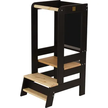 učicí věž MeowBaby Dřevěná, výškově nastavitelná učící věž s kreslící tabulí - černá