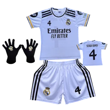 Numberoplus Premium Dětský fotbalový dres Komplet + fotbalová pletené rukavice Real Madrid - Sergio Ramos.Č.04 Velikost: 15 let (vel.164)