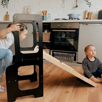 učicí věž Family-scl 4v1 Montessori učící věž se skluzavkou a tabulí-Černá