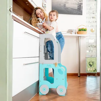 učicí věž Family-scl Montessori učící věž s motivem auta 3v1-Modrá / Šedá