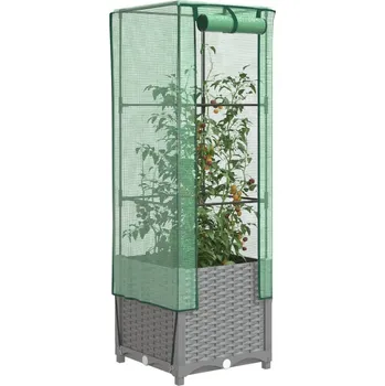 Vyvýšený záhon vidaXL Vyvýšený záhon se skleníkem ratanový vzhled 40 x 40 x 139 cm [4015855] Barva: světle šedá