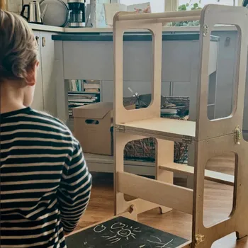 učicí věž Family-scl 4v1 Montessori učící věž se skluzavkou a tabulí-Přírodní