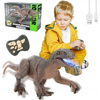 Figurka VELKÝ DINOSAURUS ROBOT T-REX NA DÁLKOVÉ OVLÁDÁNÍ SNÁŠÍ VEJCE, CHODÍ, POUŠTÍ PÁRU, ŘVE, SVÍTÍ LED