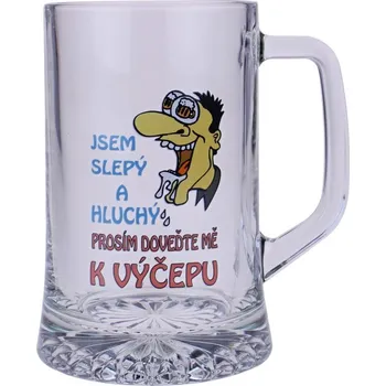 Sklenice Půllitr "Jsem slepý a hluchý, prosím doveďte mě k výčepu" 0,5l (Skleněný půllitr s vtipným obrázkem)