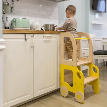 učicí věž Family-scl Montessori učící věž s motivem auta 3v1-Žlutá / Přírodní