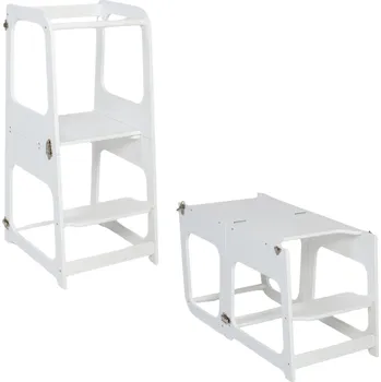 učicí věž Montessori House Bed 2v1 Montessori výškově nastavitelná učící věž / stolek se židličkou-Bílá