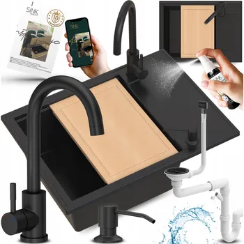 Granitový dřez GRANITOVÝ DŘEZ JEDNOKOMOROVÝ ČERNÝ S KRÁTKÝM ODKAPÁVAČEM + PRKÉNKO 10v1