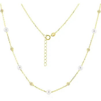 Náhrdelník GEMMAX Zlatý náhrdelník s perlami a zirkony délka 42+3 cm – zlatý šperk ryzosti 585/1000 v Dárkovém balení s Certifikátem GLNYP-45-03899