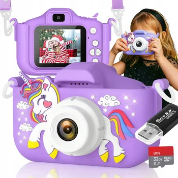 Digitální kompakt DĚTSKÝ DIGITÁLNÍ FOTOAPARÁT S DVOJITOU KAMEROU A SELFIE FUNKCÍ FULL HD JEDNOROŽEC + 64GB KARTA