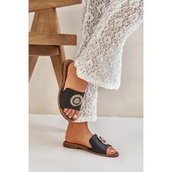 Dámské žabky Kožené Pantofle S Dekorací Na Plochém Podpatku Zazoo 3047/O Černé 40