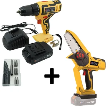 Asist Aku vrtačka 20V 2,0Ah v kufru AE2V20A-201-BMC + řetězová pila AE4P20A, řada AKU GANG!