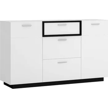 Komoda Prostorná komoda s dvířky a zásuvkami do obývacího pokoje Ravenna - Meble Wojcik Bílý Lesk / Bílá Alpská / Černá 150x89.5 cm