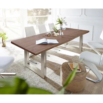 Jídelní stůl DELIFE Jídelní stůl Edge 300x100 akácie hnědá nerezová ocel široký Live-Edge