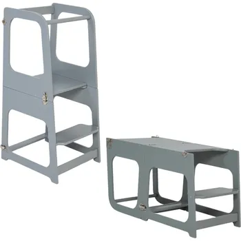 učicí věž Montessori House Bed 2v1 Montessori výškově nastavitelná učící věž / stolek se židličkou-Šedá