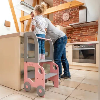 učicí věž Family-scl Montessori učící věž s motivem auta 3v1-Růžová / Šedá