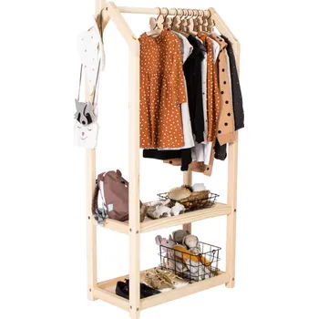 Věšák Montessori House Bed Dětský věšák na oblečení ve tvaru domečku s úložným prostorem-Přírodní bříza