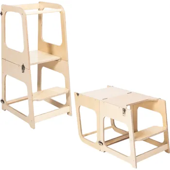 učicí věž Montessori House Bed 2v1 Montessori výškově nastavitelná učící věž / stolek se židličkou-Přírodní lakovaná bříza