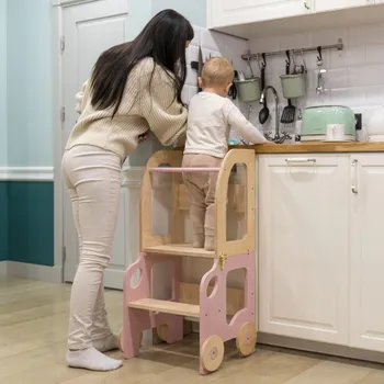 učicí věž Family-scl Montessori učící věž s motivem auta 3v1-Růžová / Přírodní