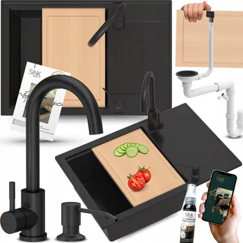 Granitový dřez GRANITOVÝ DŘEZ S PRKÉNKEM, KUCHYŇSKÁ BATERIE, DÁVKOVAČ NA JAR, ODKAPÁVAČ 10V1