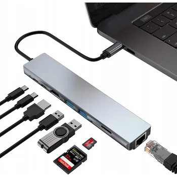 USB hub HUB Adaptér USB-C 8v1 – Hliníkový HDMI, USB, RJ45, USB-C, Dokovací stanice