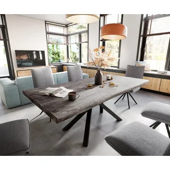 Jídelní stůl DELIFE Jídelní stůl Edge 200x100 XL akácie platinová křížová podnož obdélník černá Live-Edge