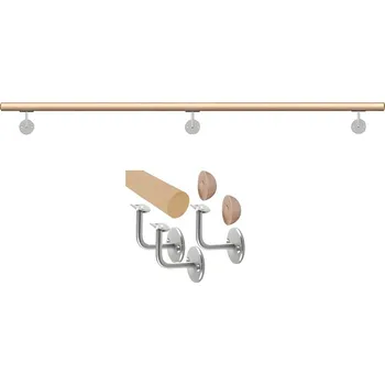 Zábradlí dřevěné madlo - buk, dřevěné koncovky, 225 cm, 3 držáky - zábradlí na stěnu, bukové madlo ø 42 mm s koncovkami ze dřeva, broušený povrch bez nátěru, délka 1 - 3 m, nerezové držáky k upevnění na stěnu