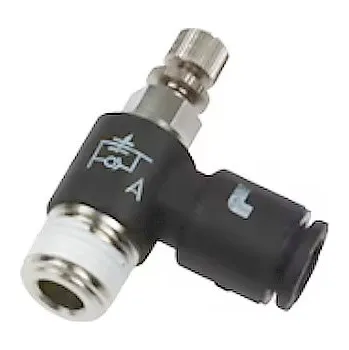 Ventil Pneumatický stavitelný škrtící ventil jednostranný výstupní banjo R3/8"vně na hadičku 8mm Legris 7665 08 17