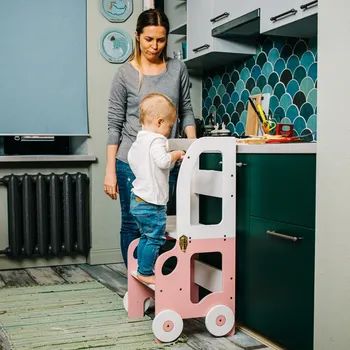 učicí věž Family-scl Montessori učící věž s motivem auta 3v1-Bílá / Růžová