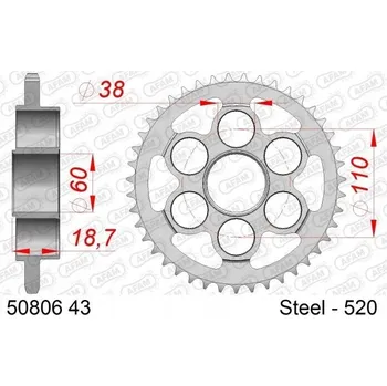 Nářadí na motocykly Ocelová zadní rozeta Afam 50806 43 zubů, rozměr 520