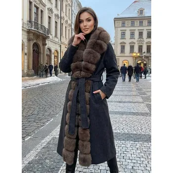 Dámský kabát Dámský dlouhý flaušový kabát s pravou kožešinou, černá, M