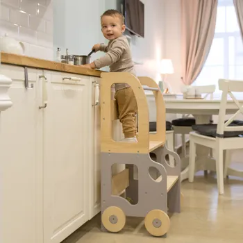 učicí věž Family-scl Montessori učící věž s motivem auta 3v1-Šedá / Přírodní