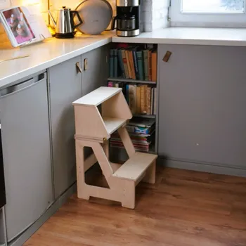 Schůdek Family-scl Skládací židle a schůdky 2v1-Přírodní lakovaná