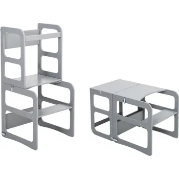 učicí věž Montessori House Bed 2v1 Montessori učící věž / stůl se židličkou-Šedá