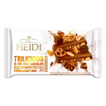 Čokoláda Heidi Trilicious Pretzel Mléčná čokoláda s arašídy, karamelem,solenými preclíky a brownie 180g