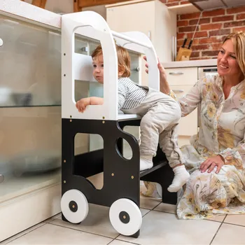 učicí věž Family-scl Montessori učící věž s motivem auta 3v1-Bílá / Černá