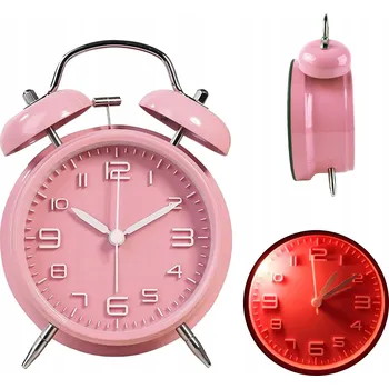 Budík BUDÍK S NOČNÍ LAMPICKOU, HLASITÝ ALARM 4'' BEZ TIKÁNÍ RŮŽOVÝ V RETRO STYLU