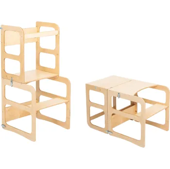 učicí věž Montessori House Bed 2v1 Montessori učící věž / stůl se židličkou-Přírodní lakovaná bříza