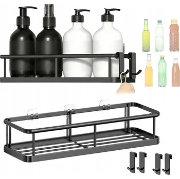 police Nástěnná police do koupelny, kuchyně 2 ks ČERNÁ 4 háčky BEZ VRTÁNÍ, nosnost 18 kg