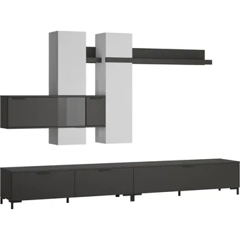 Obývací stěna Moderní obývací stěna s dvířky a závěsnými skříňkami do obývacího pokoje Alternative - Meble Wojcik Šedý vesmír 300x202,6 cm