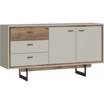 Komoda Široká komoda se zásuvkami a dvířky do obývacího pokoje a jídelny Rivero - Meble Wojcik Krémově Šedá / Tmavý Dub Flagstaff 159,6x83,1 cm