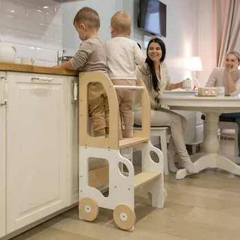 učicí věž Family-scl Montessori učící věž s motivem auta 3v1-Bílá / Přírodní