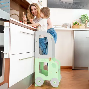 učicí věž Family-scl Montessori učící věž s motivem auta 3v1-Zelená / Šedá