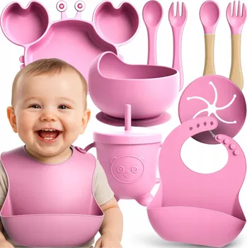 JÍDELNÍ SADA NÁDOBÍ PRO DĚTI K JÍDLU PŘÍBORY SLINTÁK MISKA SILIKONOVÁ