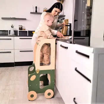 učicí věž Family-scl Montessori učící věž s motivem auta 3v1-Khaki / Přírodní