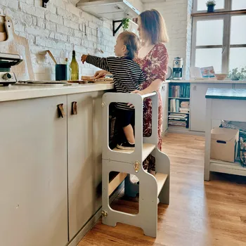 učicí věž Family-scl 4v1 Montessori učící věž se skluzavkou a tabulí-Šedá