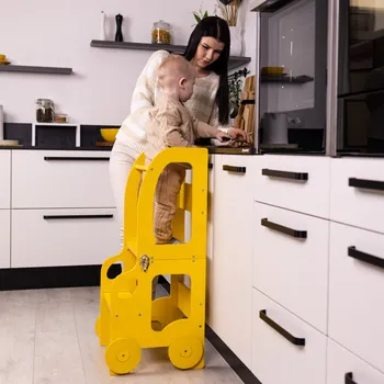 učicí věž Family-scl Montessori učící věž s motivem auta 3v1-Žlutá