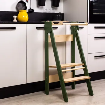 učicí věž Family-scl Skládací dětská učící věž-Khaki / Přírodní