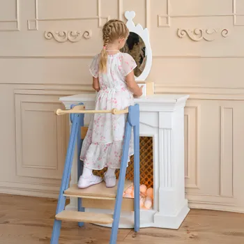 učicí věž Family-scl Skládací dětská učící věž-Modrá / Přírodní